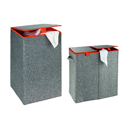 WENKO 3440402100 Wäschesammler Duo Filz Orange – Wäschekorb, 2 Kammern, Fassungsvermögen 82 L, Filz, 52 x 54 x 28 cm, Grau - 3