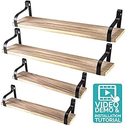 Nature Supplies Set 4 étagères flottantes en bois massif naturel et acier - Style rustique avec veines apparentes - légères et robustes - 2 grandes, 2 moyennes