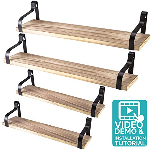 Nature Supplies Set 4 étagères flottantes en bois massif naturel et acier - Style rustique avec veines apparentes - légères et robustes - 2 grandes, 2 moyennes