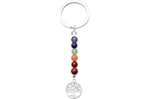 JOVIVI 6mm-7 Pierres Chakra Porte-clés Keychain Pendentif Arbre de la Vie Rond Pierre Precieuse Perles d'Energie Metal Alliage Délicat Argent Bijoux