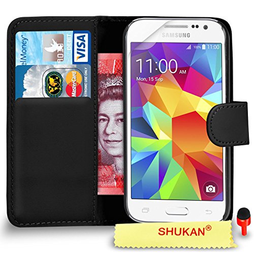 Samsung Galaxy Core Prime Premium Leather Black Wallet Flip Case Cover Pouch + RED 2 IN 1 Dust Stopper + Screen Protector & Polishing Cloth SVL0 BY SHUKAN®, (WALLET BLACK)