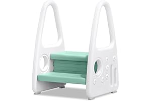 LZQ Dziecięcy podnóżek do stawania, 2 stopnie, wieża do nauki, piramidy, stołek dla dzieci w wieku 2-5 lat, stołek dziecięcy z dwoma podłokietnikami, antypoślizgowy, z tworzywa sztucznego, do łazienki, kuchni, zielony