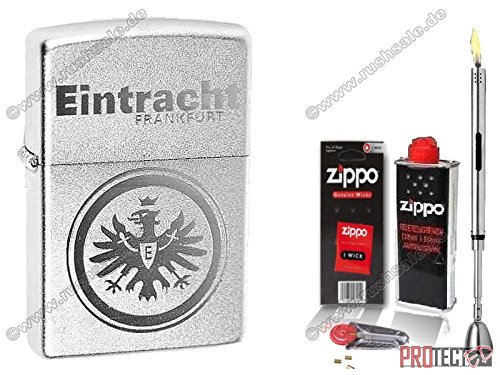 Preisvergleich Produktbild Zippo Feuerzeug Eintracht Frankfurt Satin Chrome & Zubehör L + Stabfeuerzeug Chrome Brushed