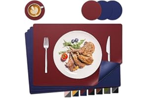 NOSTHEART Manteles Individuales y Posavasos, Salvamanteles Manteles Lavables Individuales con Borde Cosido, Manteles Individuales Antideslizantes Impermeables de Doble Cara - Azul Rojo, Juego de 4