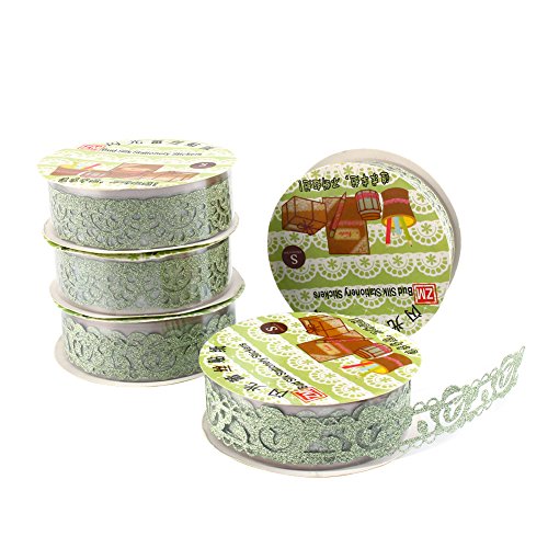 5 Rollen Lace Decor Kreatives Klebebänder Glitter Gold Pulver Spitzenband Selbstklebend Washi Tape Spitze Dekobänder Papier Aufkleber Kunsthandwerk DIY - ca. 100x18 mm (Grün)