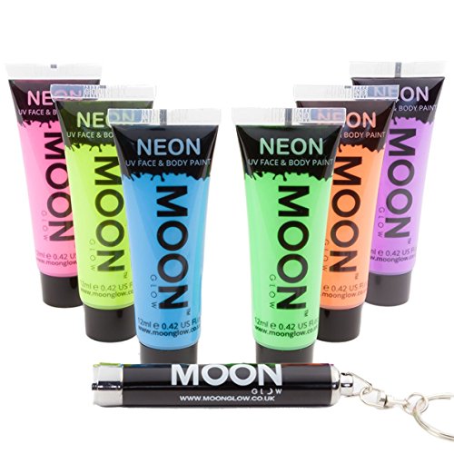Moon Glow - Pastel Neon UV Face & Body Paint - 12ml Set of 6 - includes UV Keyring