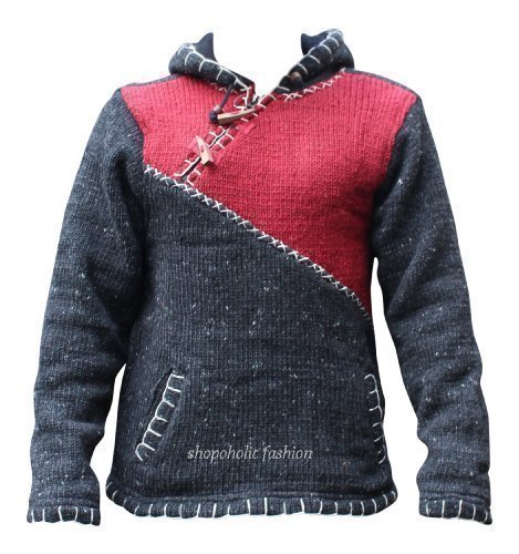 CROSS zipped neckline super warm jumper style pullover,hippy boho woolen hoodie (s, charcoal and maroon mix)