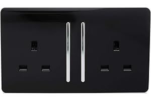 Trendi Switch 2 Gang Artistic Modern Glossy 13 Amp Electrical Long Switched Double Plug Socket Black