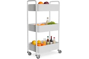 Amig - Carrito de Cocina de 3 Niveles con Ruedas Mod. Linn – Estantería Auxiliar de Acero - Blanco – Carro Multiusos para Cocina, Baño u Oficina - 40,5 x 28 x 76 cm