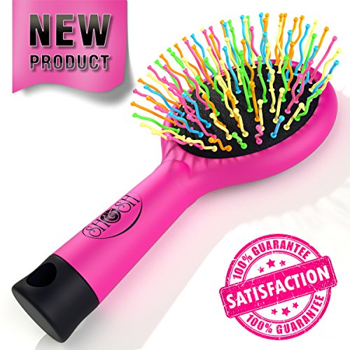 Detangling Brush with Mirror- No Tangle & Pain- Anti Static Soft Bristle- Massaging & Straightening Detangler- Rubberized Grip- Cool/ Cute Colors- Wet & Dry Detangle Comb- For All Hair Types (Pink) …