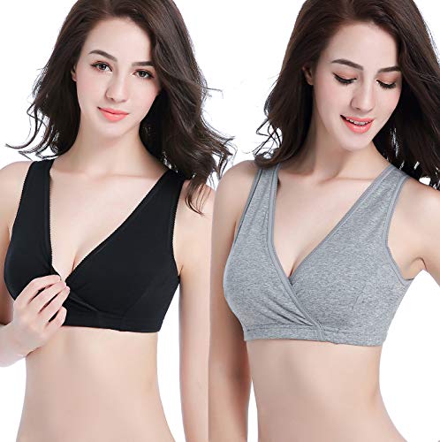 KOOYOL Sujetador premamá De Lactancia Sin Aros para Mujer Sujetadores para Embarazadas (L/XL, Negro+Gris)