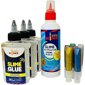 Yucky Science Slime Making Supplies Pack of 3 Bottles Slime & Craft Clear Glue (100 ml Each) + 1 Bottle Slime Activator Liquid Plus Clear (200 ml) + 6 Glitter Tubes(Multi Color) . Make 20+ Slimes