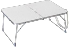LOLAhome Mesa Plegable Camping y Playa 60x40x25 cm, Mesa Picnic maletín, portátil con asa y Correa Transporte, Patas Plegables Aluminio, Tablero MDF Aspecto Texturizado Blanco, compacta y Ligera.