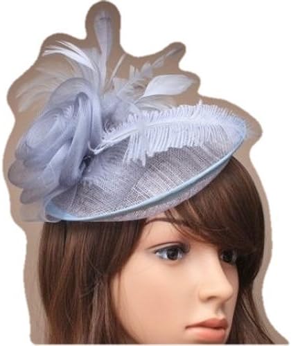 Silver Grey Upturned Circular Disc Shaped Sinamay Hair Fascinator with various shaped feathers