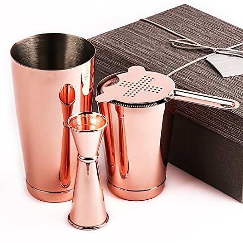 Kupfer Boston Shaker: 4-teilig Set: 550ml&750ml Profi Edelstahl Cocktail Set, Barsieb & Barmaß von Homekeros