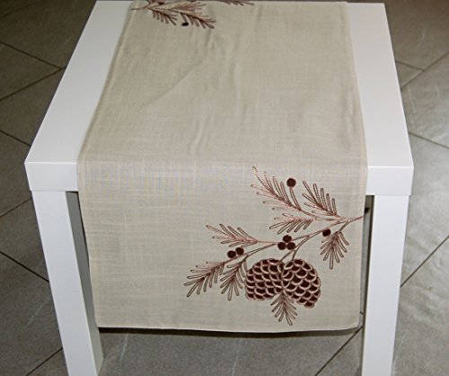 EDEL-rustikale-Tischdecke-Tischlufer-Beige-TANNENZAPFEN-braun-gestickt-Deko-fr-Herbst-Winter-und-WEIHNHACHTEN