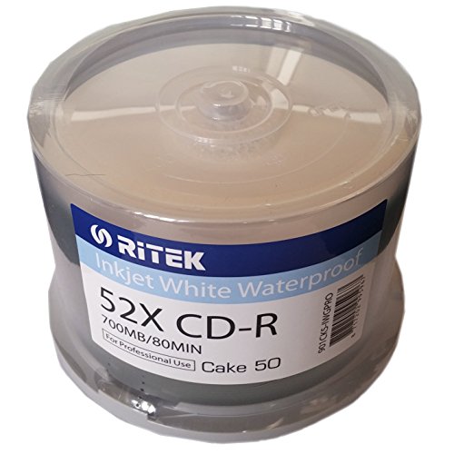 50er Cakebox Ritek PRO Glossy Waterproof CD-R 80min/700MB Inkjet Wide Printable weiß, wasserfest bedruckbare glänzende Oberfläche für Thermo und Tintenstrahldrucker