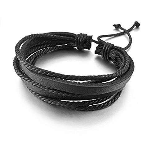 homiki 2PCS Bracelet Cuir Véritable Multi-Couche de Bracelet de Manchette avec Noir et Marron Corde Tressée pour Homme et Femme