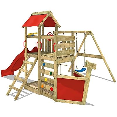 WICKEY Aire de jeux SeaFlyer Portique de jeux en bois Maison pour jardin avec balançoire, toboggan rouge, mur d'escalade, échelle de cordes, bac à sable + Accessoires