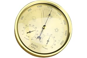 FIYSON Analog Barometer with Thermometer Hygrometer,3 in 1 Weather Station for Indoor & Outdoor,Dial Type Barometer,Barometric Pressure Measures,Simplicity & Easy Reading,Sainless Steel Frame (Gold)