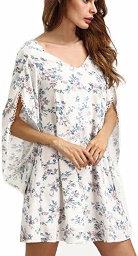 YanHoo Women Dresses,Casual Loose Chiffon Dress Evening Party Beach Mini Dresses Sun dress, Women Ladies Bohemian Floral Printing Dress Beach Chiffon Dress (M, White)