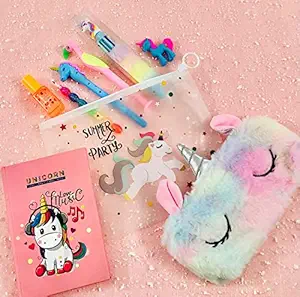 le delite Latest Unicorn Stationary Combo Gift for Girls Kids - Fur Pouch , Fur Pen , Pencil ,Eraser , Clear Folder Pouch with Diary for School , Highlighter Multicolor Stylish Pen / Gift Set