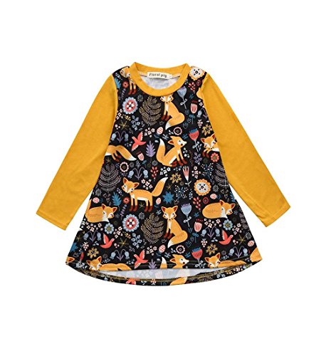 Amlaiworld ??Robe de Filles Enfants Bébé Filles Dessin Robe d'impression de Renard Robe de Soleil Tenues de Vêtements(6mois-5ans) (90/12-24mois, Jaune)