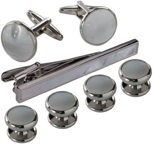 Cufflinks and Studs for Tuxedo - Formal White and Silver Tone Metal Including a Tie Clip with Gift Box
