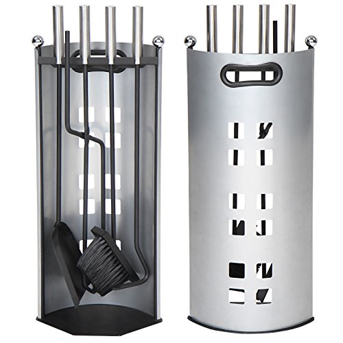 Jago Kaminbesteck-Set im modernen Design aus hochwertigem Edelstahl in Silber mit Schürhaken, Zange, Besen und Schaufel