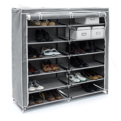 Relaxdays Schuhschrank VALENTIN breit HxBxT: 108,5 x 114 x 30,5cm Schuhregal mit 7 Ablagen für 36 Paar Schuhe aus Vlies mit Stoffbezug Stoffregal für staubfreie Lagerung dank Reißverschluss, anthrazit