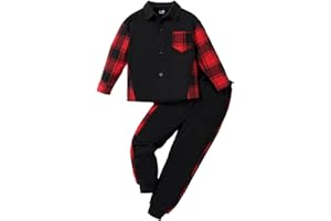 HEOXIN Kids Boys Plaid Clothing Sets, Sweatshirt + Pants 2PCS Set, Long Sleeve Button Tops with Pocket, Drawstring Jogger Trouser Tracksuit Set for Children 6-12 Years, Red/Black/Brown