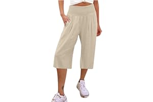 KUIH 3/4 Shorts for Women UK Summer Comfy Cotton Linen Shorts Wide Leg High Waist Straight Shorts with Pockets Hiking Outgoing Shorts Trousers Breathe Beach Shorts UK Size 8-18