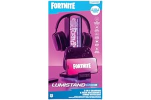 Paladone Fortnite Support de casque 3 en 1 et station de charge technique avec support de manette de console et 2 ports USB-C, panneau lumineux RVB changeant de couleur, cadeau sous licence officielle
