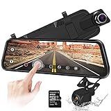 Caméra de recul 10'Miroir Dash Cam Caméra à écran Tactile Caméra de recul 170 ° à l'avant 1080p et à l'arrière de 150 ° 1080p avec Vision Nocturne, Moniteur de stationnement + Carte SD de 32 Go