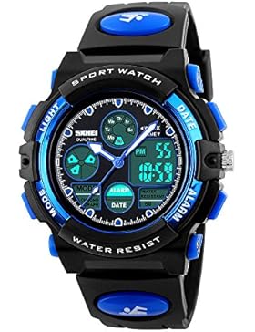 Kinder Outdoor Sportuhr Elektronische Digital Analog Dual Time Zone Jungen Wasserdicht PU-Harz mit LED, Chronograph...