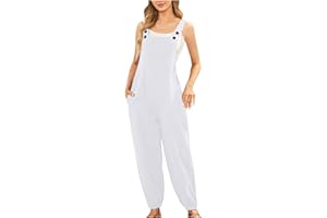 OVARA Dungarees for Women UK Casual Loose Bib Overalls with Pockets Summer Comfy Baggy Solid Ladies Jumpsuit Sleeveless Button Straps Tapered Leg Romper Long Pants