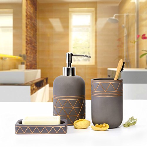 Satu Brown 3-teilig Deluxe Badezimmer Zubehör Set – Beinhaltet: Seifenspender / Lotionspender, Seifenschale, Zahnputzbecher, Erstklassige Zement Badezimmer Zubehör-Set (Braun & Golden) - 2