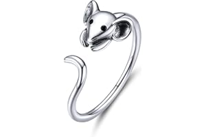 Qings Srebro wysokiej próby 925 otwarty pierścień myszy, urocze zwierzę inkrustowane czarną cyrkonią sześcienną dla nastolatek, biżuteria regulowana, prezent urodzinowy