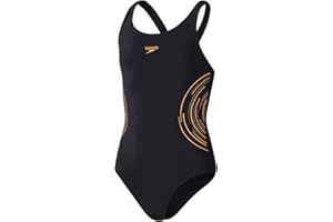 Speedo Placement Muscleback Badeanzug für Mädchen, Schwarz / Orange