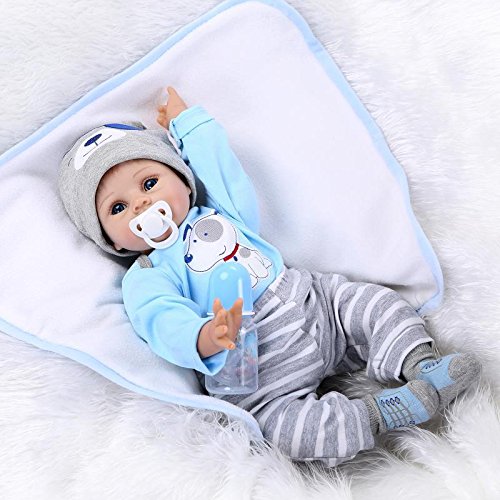 Nicery Reborn Baby Doll Soft Simulation Silicone Vinyl 22inch 55cm Magnetic Mouth Lifelike Boy Girl Toy Blue Dog