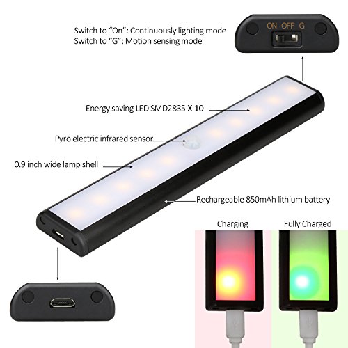 LED Beleuchtung Lichtleiste mit Bewegungsmelder BALFER Nachtlichter Leuchte USB Wiederaufladbare Batteriebetrieben für Schränke Schublade Schlafzimmer flur Werkstatt Keller Garage Treppenhaus Dachboden Geschirrschrank - 3