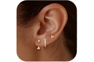 JeweBella 3Pares Pendientes Mujer Plata de Ley 925 Chapada en Oro de 14K Pendientes Pequeños Circonita Pendientes Aro Juego para Múltiples Piercings