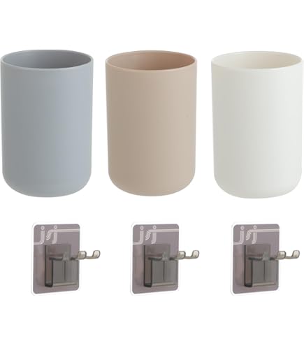 Set 3 Bicchieri Per Risciacquo Con Portaspazzolini - Plastica Alimentare, Bianco, Grigio E Caffè - Foto 2