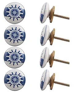 8 Pieces Furniture Knobs | Ceramic Kitchen Handle | Blue Kitchen Knobs | Ship Wheel Flat Cabinet and Drawer Pulls | 3.81 cm Knobs