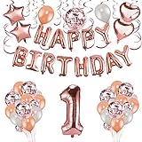 Tamaño de los globos: 16 pulgadas de globos con pancartas de feliz cumpleaños, 12 pulgadas de los globos de látex, globos de aluminio con forma de estrella y corazón de 1 pulgadas luego de inflados completamente, globos de 1 pulgadas con el número 1.