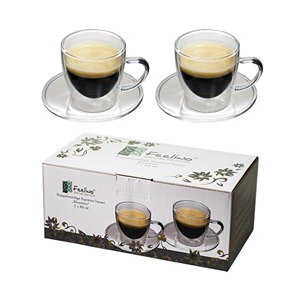 2x 80ml doppelwandige Espresso-Tassen mit Henkel und Untersetzer