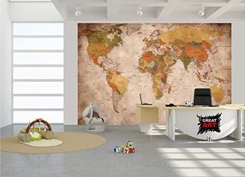 Fototapete used look Wandbild Dekoration Globus Kontinente Atlas Weltkarte retro old school vintage map Weltkugel Geografie I Foto-Tapete Wandtapete Fotoposter Wanddeko by GREAT ART (336 x 238 cm) - 7