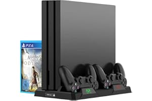 SUSANNY ElecGear PS4 Soporte Vertical Stand, Ventilador de Refrigeración, Dual Cargador Estación de Carga Controlador Cargador con Almacenamiento de 16 Juegos para Mando DualShock 4 y PS4, PS4 Pro, PS4 Slim