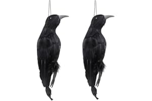 KWQBHW 2 Pcs Realistic Hanging Dead Crow Black Feathered Crow Fake Crow Decoy 32cm Large Ravens for Halloween Party Bar Decoration Haunted House Scary Prop