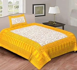 JSAMPS Cotton Bedding Set with Pillow Cover Single Bed | Printed Bedsheet for Single Beds for Home Living Room | Single Bed Flat Sheets with 1 Pillow Cover for Kids Room, 63x90 inches, Square Yellow